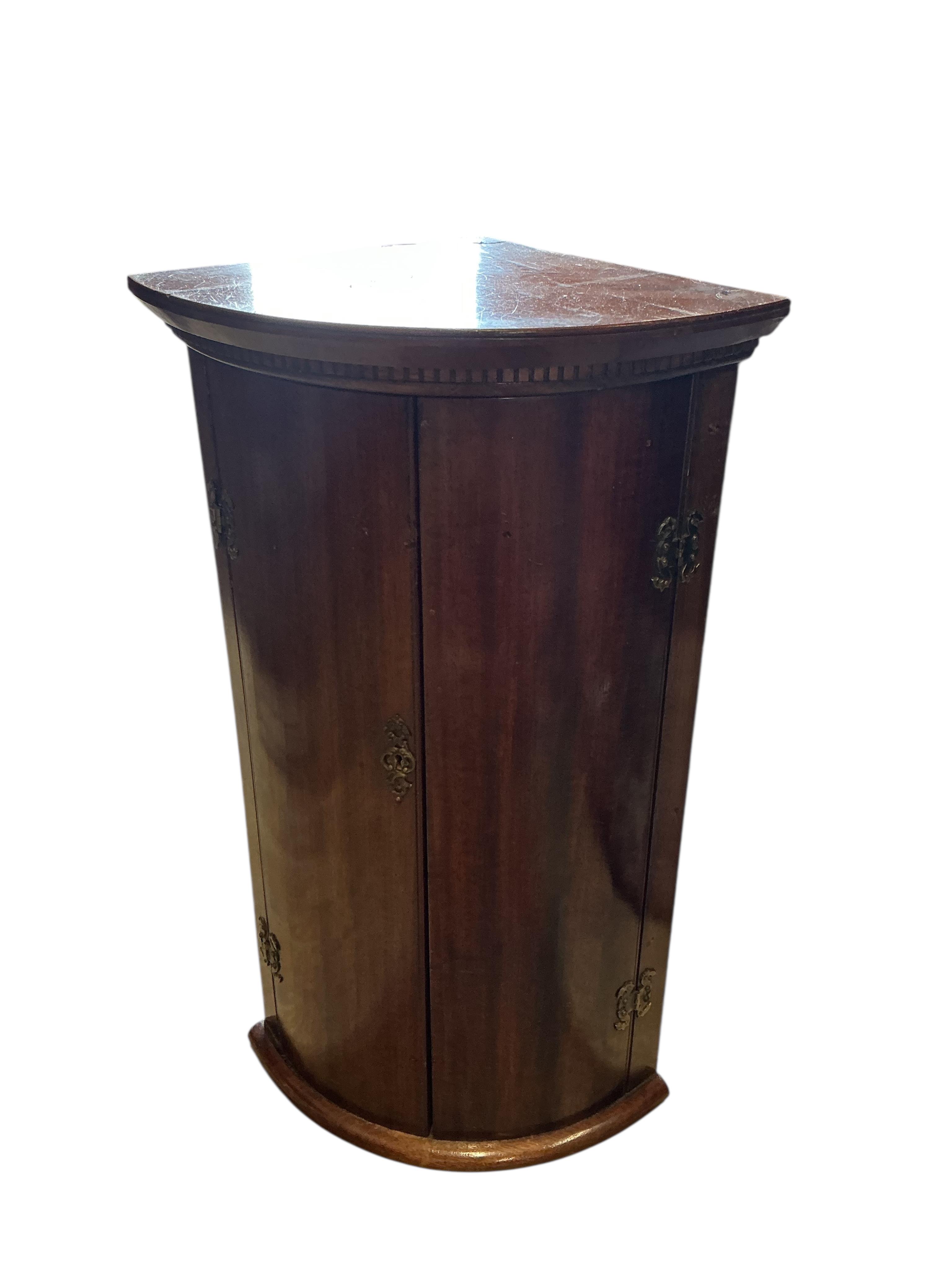 A nest of three mid century rectangular tables, width 60cm, depth 36cm, height 53cm, together with a small George III style mahogany hanging corner cupboard